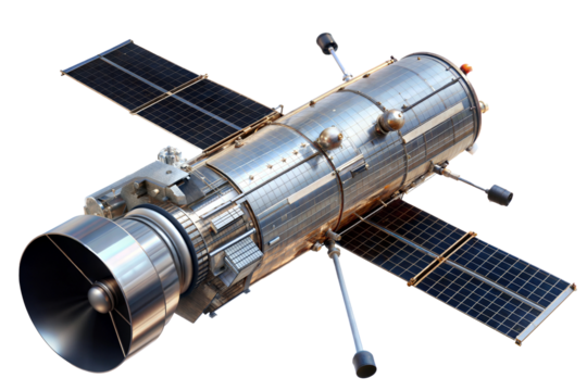 High-resolution transparent cutout of a space telescope showcasing intricate design and solar panels in a vivid layout. Cut out