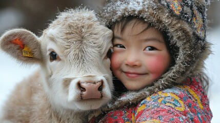 Naklejka premium Winter Wonderland: A Child's Gentle Embrace with a Calf
