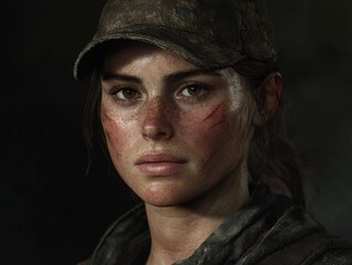 Fototapeta premium Survivalist adventure dark forest character portrait intense mood close-up strength and resilience
