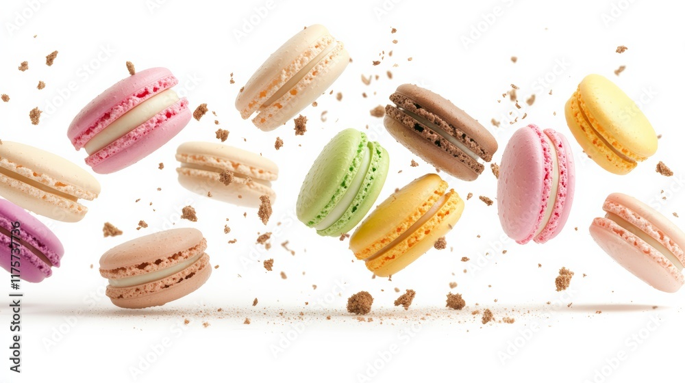 Poster colorful macarons of different flavors are levitating on a white background, surrounded by delicious