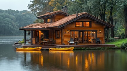 Fototapeta premium A cozy wooden cabin by a serene lake, featuring kayaks and lush greenery.
