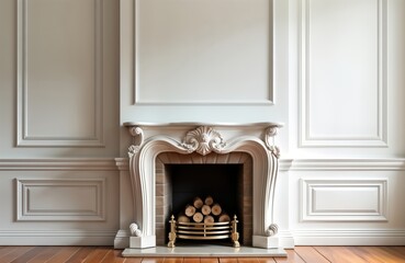 Elegant Victorian fireplace with white walls, ornate wooden surround. Stack of logs rests in golden fire grate. Room clean, empty. Luxurious interior design style emphasized. Vintage charm in modern