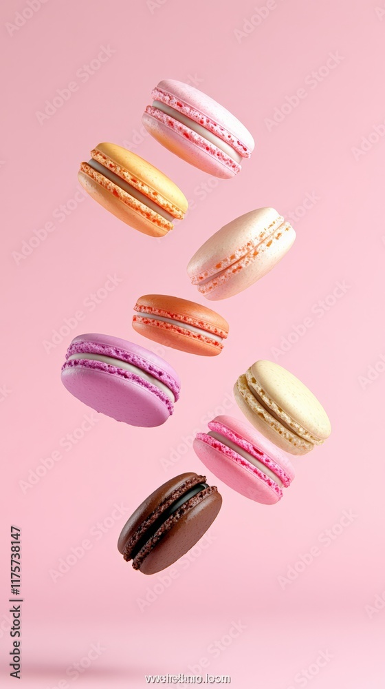 Poster nine colorful macarons levitating against a vibrant pink backdrop create a playful and tempting visu