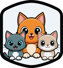 Obraz premium Three adorable kittens in cartoon style sitting together inside a shield shaped frame. 