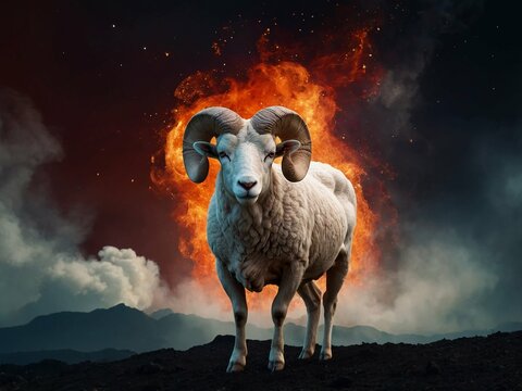 zodiac sign aries on fire creative display on sky background