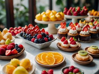 Obraz premium a bright table covered with sweets, berries and fruits