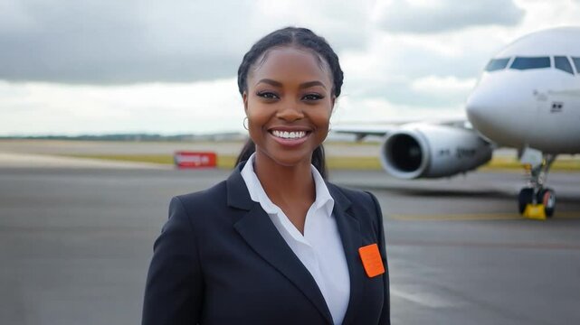 A cheerful flight attendant black woman stands confidently at the airport, showcasing exceptional customer service as an airplane waits nearby