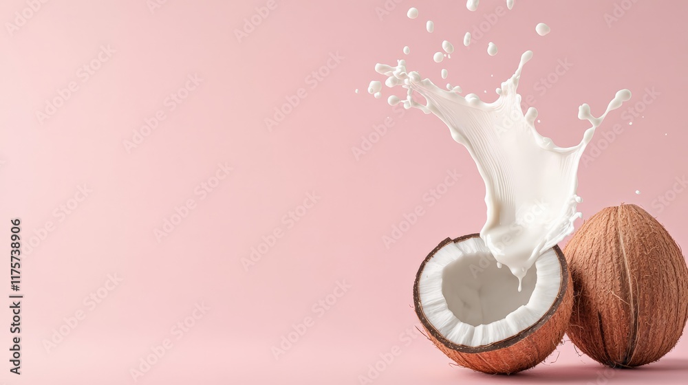 Poster Coconut milk is splashing from a levitating opened coconut half, next to a whole coconut, on a clean pink background, creating a dynamic and refreshing scene