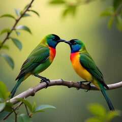Naklejka premium OliveBacked Sunbirds feeding the child Cinnyris Jugularis