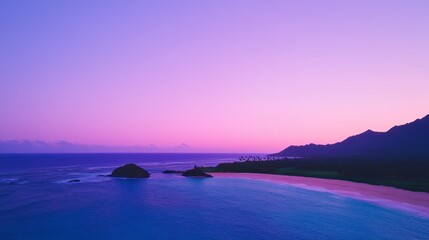 Obraz premium Serene Coastal Sunset Landscape Ocean Beach and Mountain Silhouette