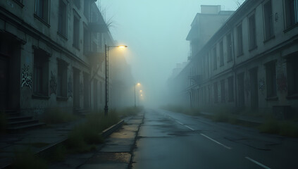 Obraz premium Fog-Shrouded Abandonment: City in Decay