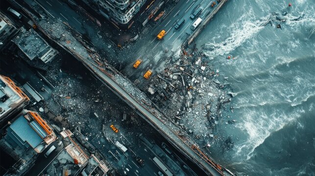 Aerial view of an earthquake-hit coastal city, with collapsed bridges, dramatically flooded streets, background wallpaper AI generated image