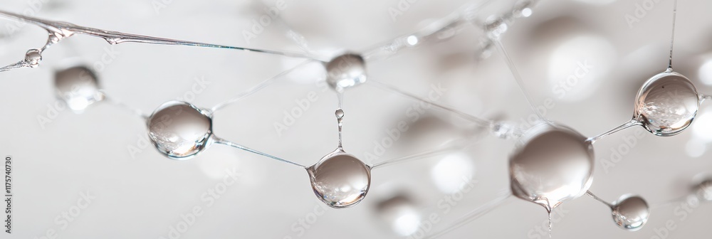 Poster Sparkling water droplets clinging to a delicate structure, forming an intricate network of connections, reflecting light and creating a mesmerizing visual