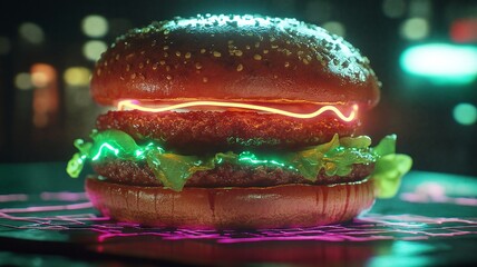 A glowing vegan burger with holographic toppings, vibrant colors, and sesame seed bun. Perfect for food enthusiasts