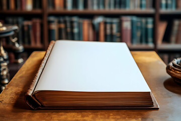 A book resting on a table with a blank cover and blurred background elements, perfect for book design mockups.
