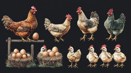 Hen and chicks set. Isolated hen bird pecking grain, walking, sitting on fence, hatching eggs in nest and taking care of cartoon baby chickens. Vector poultry farm cute hen and chick animal icons