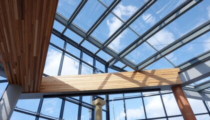 Modern glass ceiling with wooden beams