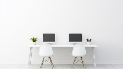 Minimalist office setup with two computers and plants.