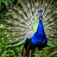 Obraz premium peacock displaying its colorful feathers in a lush green