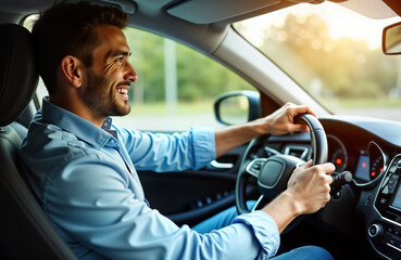 Happy male driver using GPS navigation system in car. Casual attire, smiling expression. Daytime setting. Focus on safety, comfortable driving experience. Attractive man enjoying journey. Modern