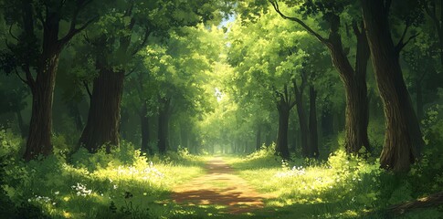 Sunlit Forest Path: A Serene, Lush Digital Painting