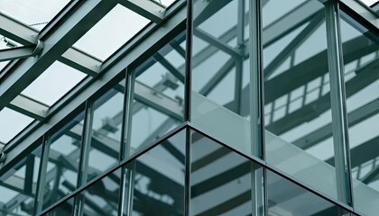 Modern glass office building exterior corner, metal framework, cloudy sky