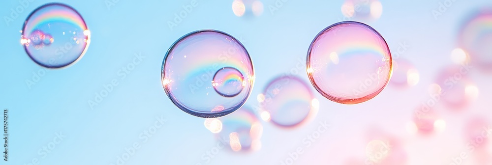 Poster Rainbow soap bubbles are floating on a blue sky background, creating a colorful and dreamy atmosphere with their iridescence and delicate fragility
