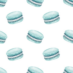 Watercolor seamless pattern of light delicate  blue watercolor macaroons isolated on white background.