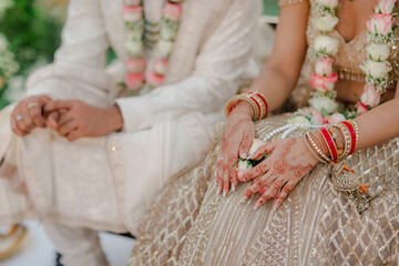 An Indian bride's hand adorned with intricate henna designs symbolizes beauty, tradition, and the...
