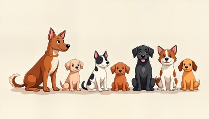 Cute cartoon dogs sit in row. Friendly, playful pups of various colors, breeds. Adorable pets look directly at viewer. Colorful cartoon illustration. Perfect for pet-themed products children books.
