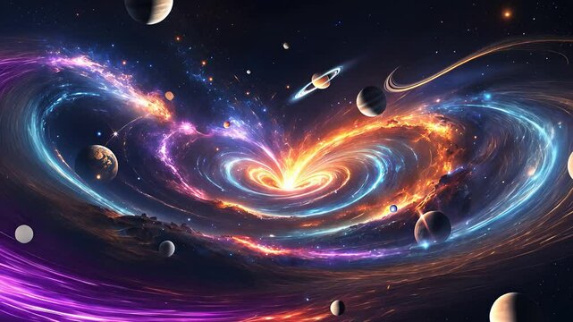 Vivid Cosmic Scene with Swirling Galaxies, Planets, and Bright Nebulae in a Colorful Outer Space Landscape

