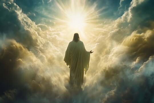 Silhouette of a Jesus Christ walking towards a radiant light amidst dramatic clouds