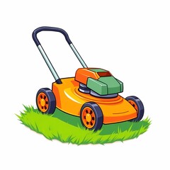 Fototapeta premium Lawn Mower Ready to Mow: A vibrant illustration of an orange lawnmower sitting on a patch of freshly cut grass, ready for action. Perfect for spring cleaning, yard work, and landscaping projects. 