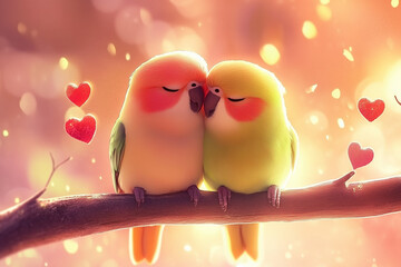 Cute couple birds on tree branch with heart. Valentine's Day background.