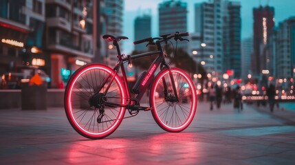 Vibrant night ride along the waterfront with illuminated bicycle wheels showcasing the city skyline. Generative AI