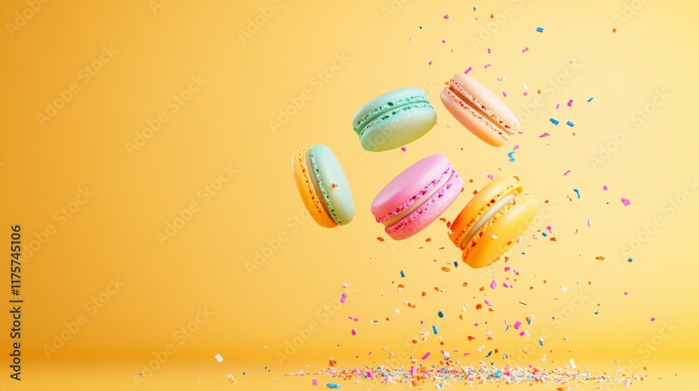 Poster Colorful macarons floating in the air with sprinkles cascading on a vibrant yellow background create a whimsical, celebratory atmosphere for dessert promotions