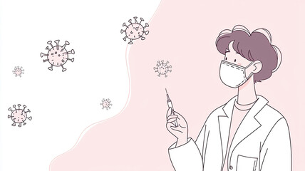 Obraz premium A healthcare professional in a mask holds a syringe amidst illustrations of viruses, emphasizing the importance of vaccination.