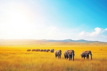 Fototapeta premium vibrant landscape with herd of elephants walking through golden savanna under clear blue sky