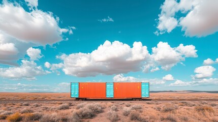 Brightly colored shipping containers stand against a vivid blue sky filled with fluffy white clouds in a desert landscape. Generative AI