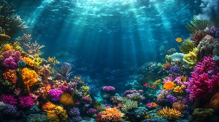 Fototapeta premium A vibrant coral reef teeming with colorful fish and marine life in crystal clear water 