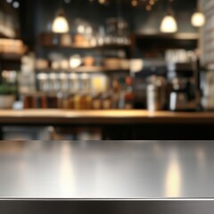 Obraz premium Steel table top with blurred empty kitchen background can be used for mocking up or display product to make advertising