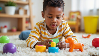 Young black boy focused on sensory toys in playroom, autism awareness