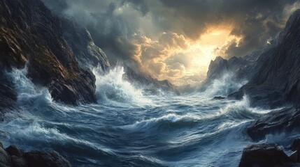 Fototapeta premium Strong ocean currents sweep through narrow straits, waves crash against dramatic rocks. background wallpaper AI generated image