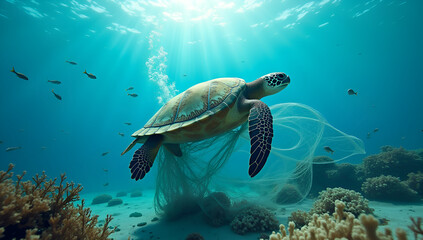 Obraz premium Underwater Elegance: Trapped Turtle, Vibrant Coral