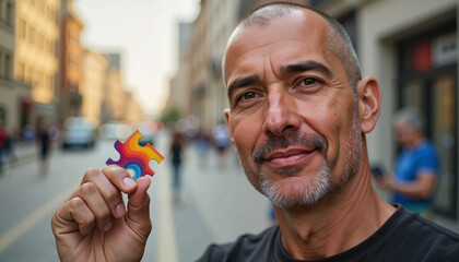 Middle-aged man smiling with colorful puzzle piece on urban street, awareness