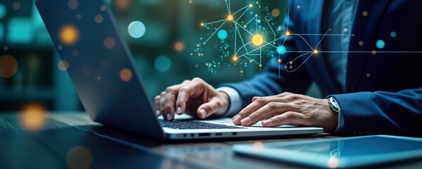 Businessman works on laptop, tablet in office. Futuristic tech concept. Global data exchange in cyberspace. Modern business. Man uses tech tools for global financial transactions. Modern office