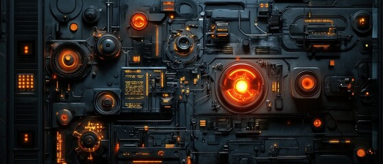 Fototapeta premium Cyberpunk futuristic machine wall intricate, abstract neon light dark metal surface, background wallpaper AI generated image