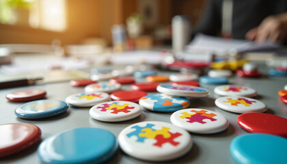 Autism awareness badges on craft table, promoting acceptance