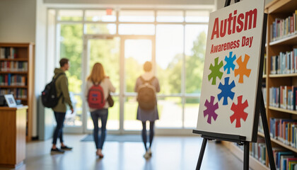 Fototapeta premium Students engaging with autism awareness brochures at library entrance, support