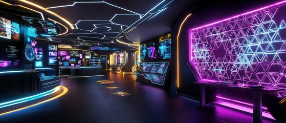 High-tech abstract game room with fractal-like patterns forming on the walls, neon glowing background wallpaper AI generated image